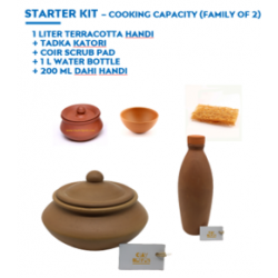 CLAY POT STARTER KIT - 1 L cookware + Tadka Katori + dahi handi + Coir Scrub + 1L Bottle
