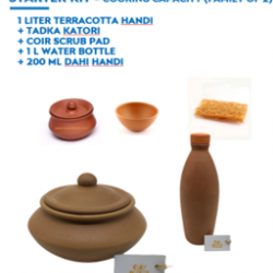 CLAY POT STARTER KIT - 1 L cookware + Tadka Katori + dahi handi + Coir Scrub + 1L Bottle