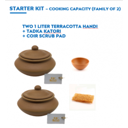 CLAY POT STARTER KIT - Two pieces of 1 L cookware with a FREE Coir scrub and a FREE Tadka bowl