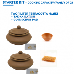 CLAY POT STARTER KIT - Two pieces of 1 L cookware with a FREE Coir scrub and a FREE Tadka bowl
