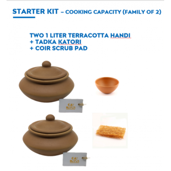 CLAY POT STARTER KIT - Two pieces of 1 L cookware with a FREE Coir scrub and a FREE Tadka bowl